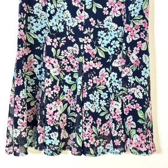 Vtg Y2K Sag Harbor Floral Flared Chiffon Skirt Elastic Waist Fairy Feminine Navy - Picture 3 of 14